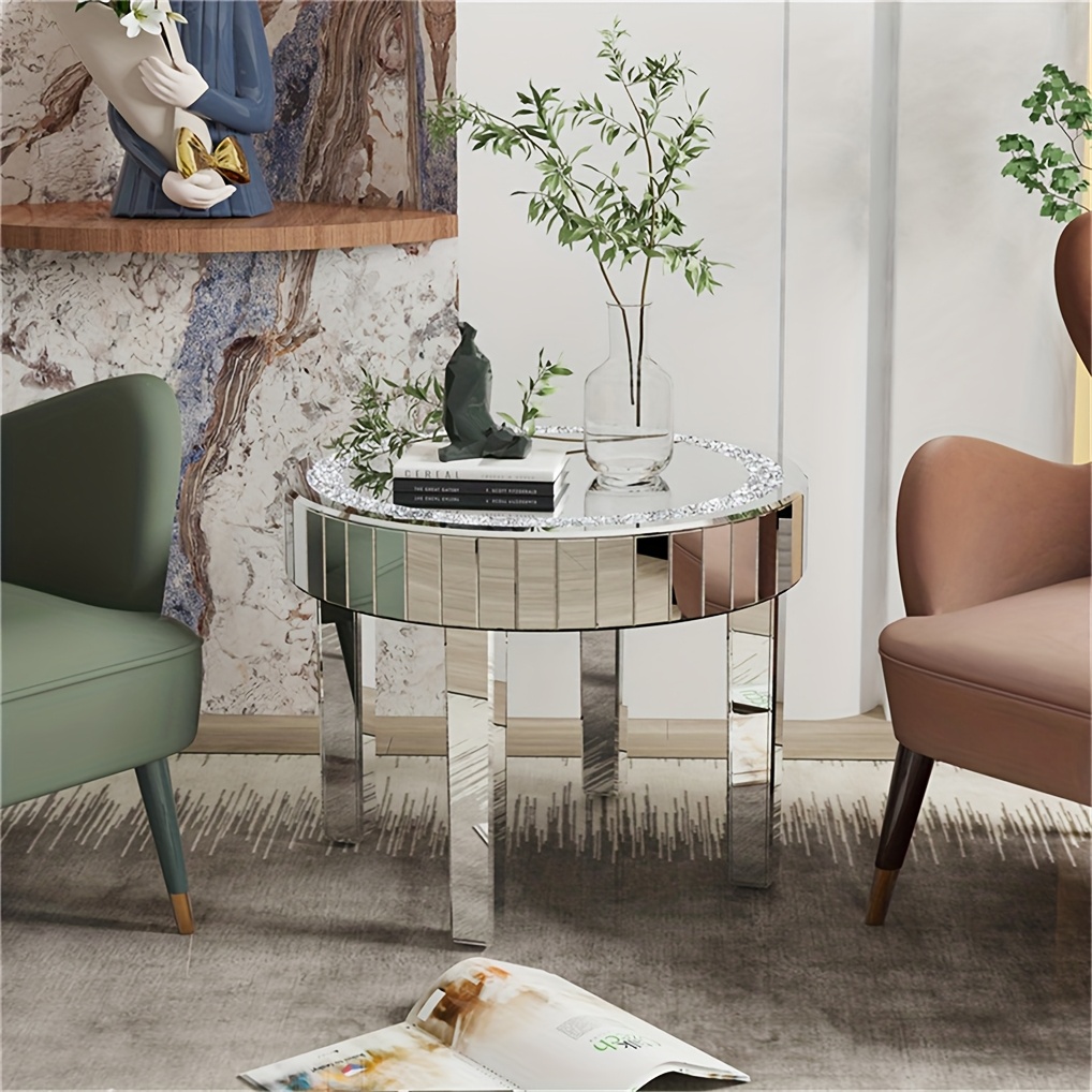 AESOME 23.62'' Mirrored Round Coffee Table for Living Room Modern Glass Accent Table with Crystals Inlay Silver Sofa Accent Table for Home & Office