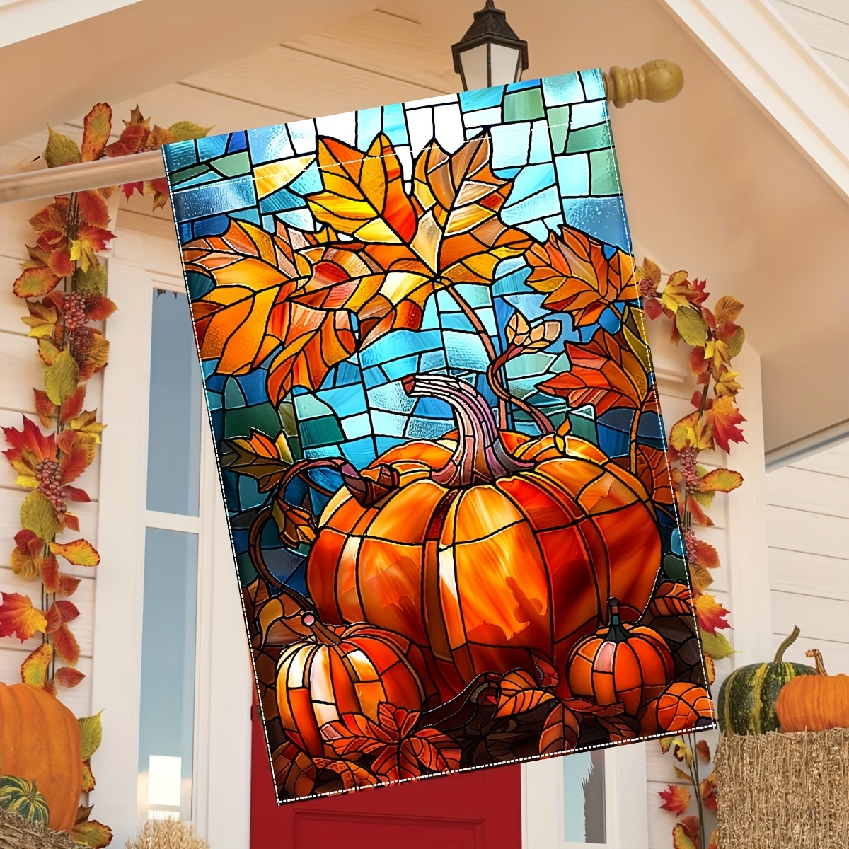 

Autumn Harvest Polyester Garden Flag - Double-sided Stained Glass Pumpkin And Maple Leaf Design For Outdoor Porch Lawn Decoration, Thanksgiving Themed, 28x40 Inch, No Electricity Needed, Pack Of 1