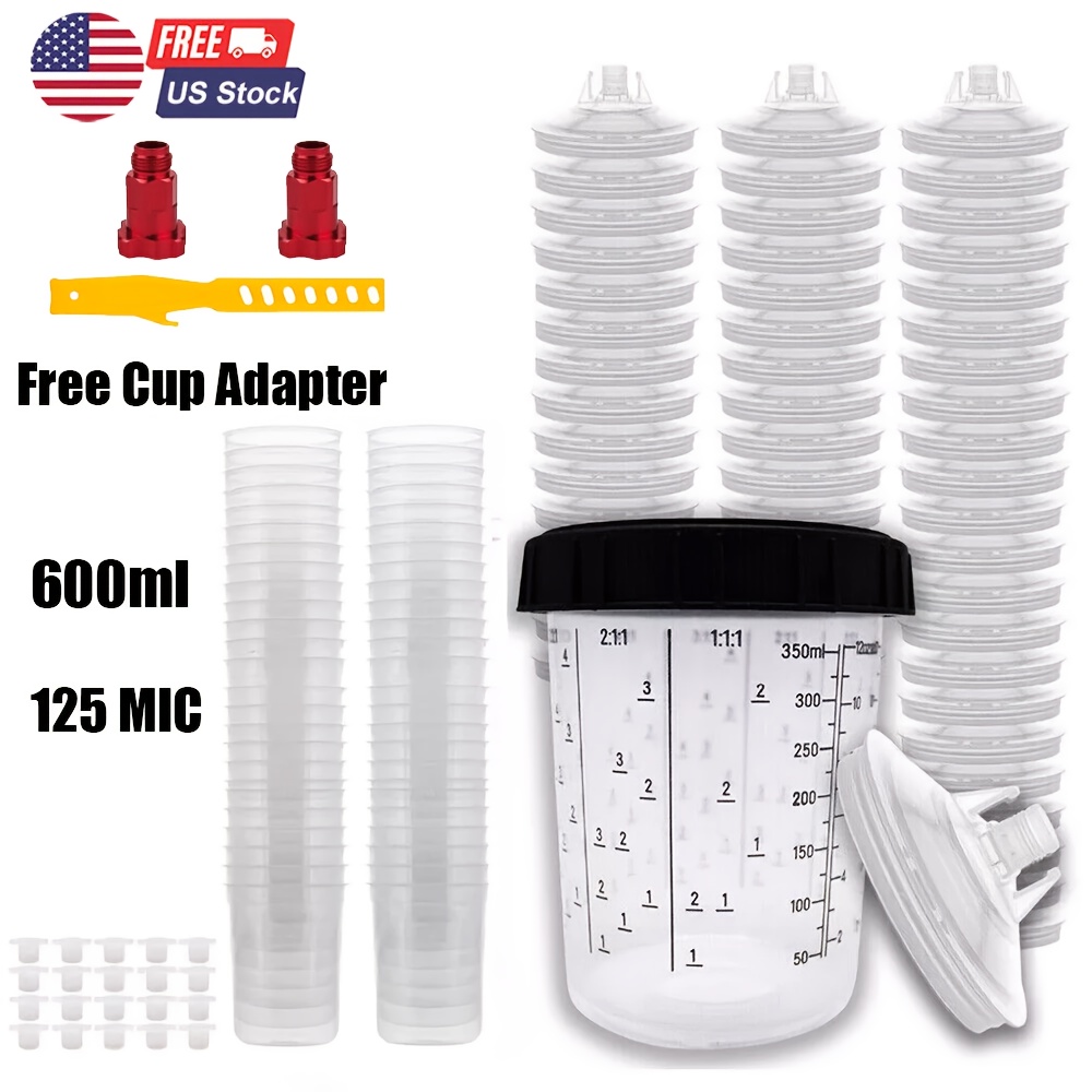 50pcs disposable paint spray gun cup liners and lid system with 50pcs paint cups with lids hard cup with retainer ring 2 cup adapter paint stirrer for automotive paint gun