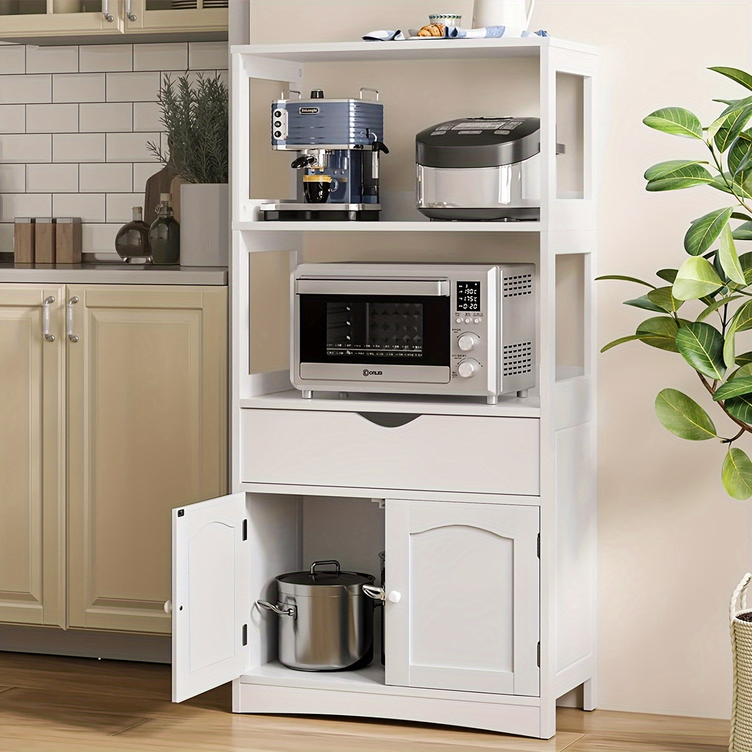 71" Modern Kitchen Pantry - White Buffet with Microwave Stand