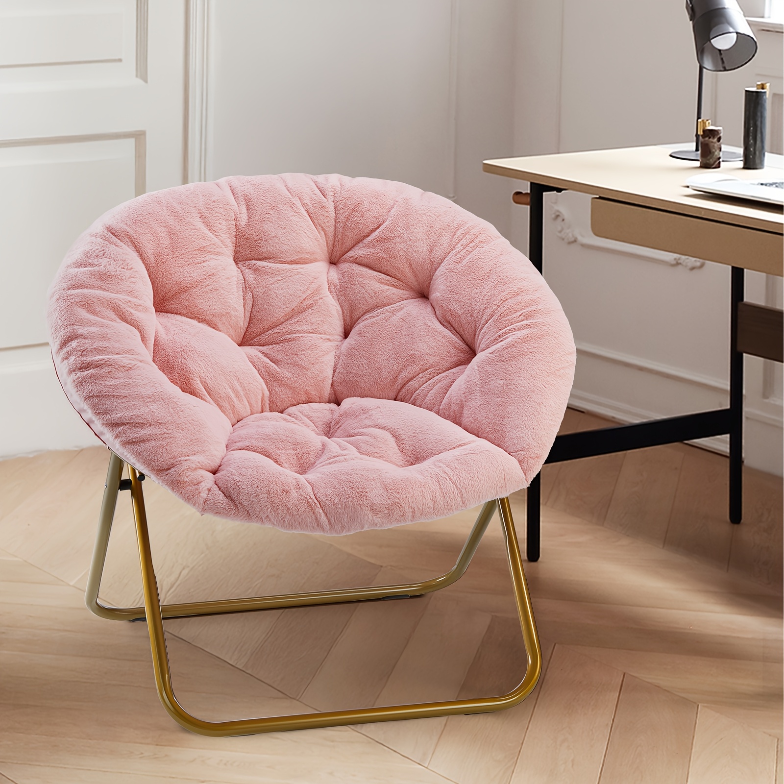 

Idle Way Large Soft Fur Saucer Chair: Foldable Lounge Lazy Cozy Chair For Adults In Pink, White, And Gray With Metal Frame