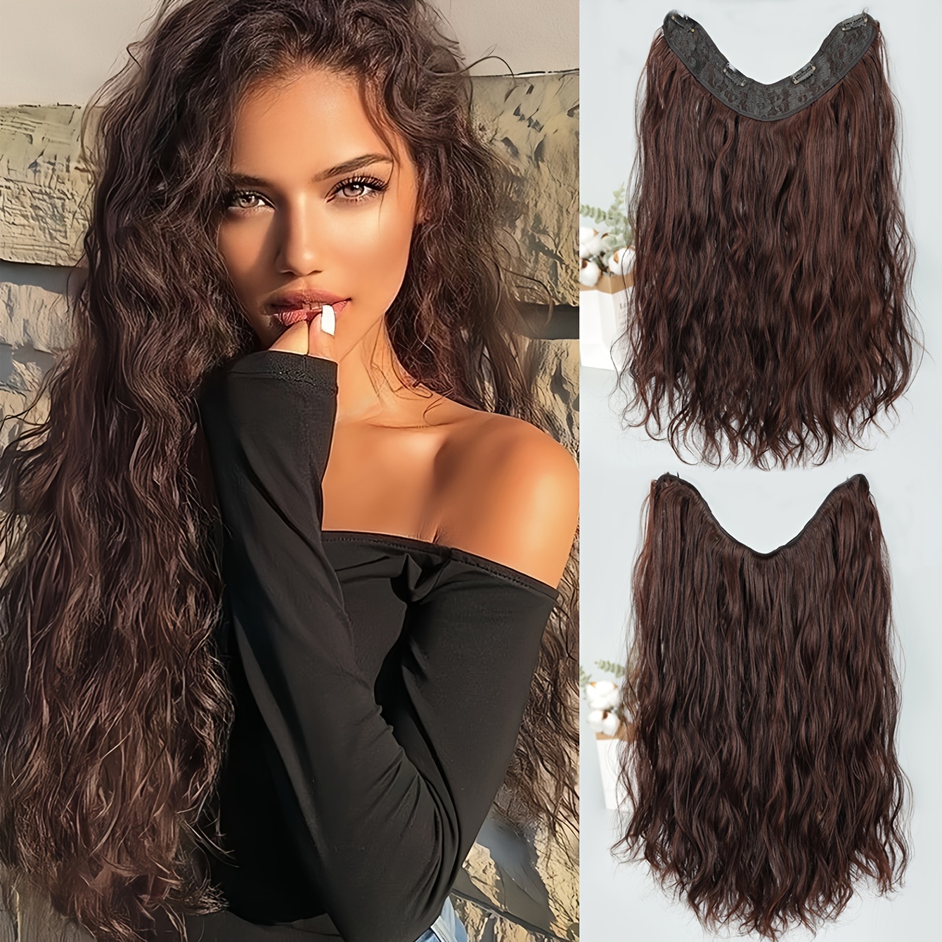 TEMU Extensions de cheveux de V, perruque de cheveux bouclés ondulés, perruque à clip de V pour femmes, perruque en fibre synthétique résistante aux