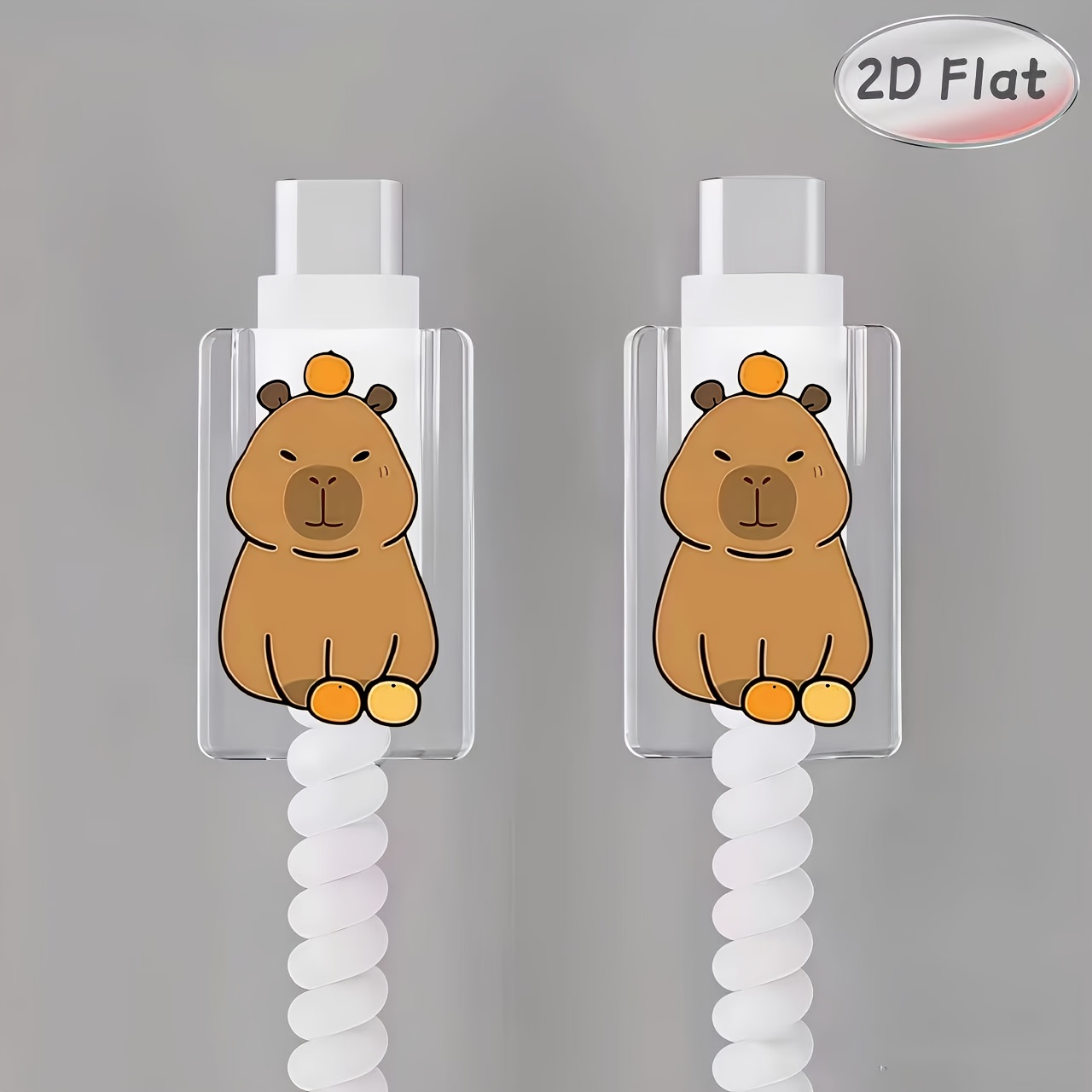 2d Flat 2pcs Cute Capybara Holding An Orange Data Cable Protective Case, Damage-resistant, Type-c Phone Data Cable Protector, Beautiful And Durable (non-electrical)