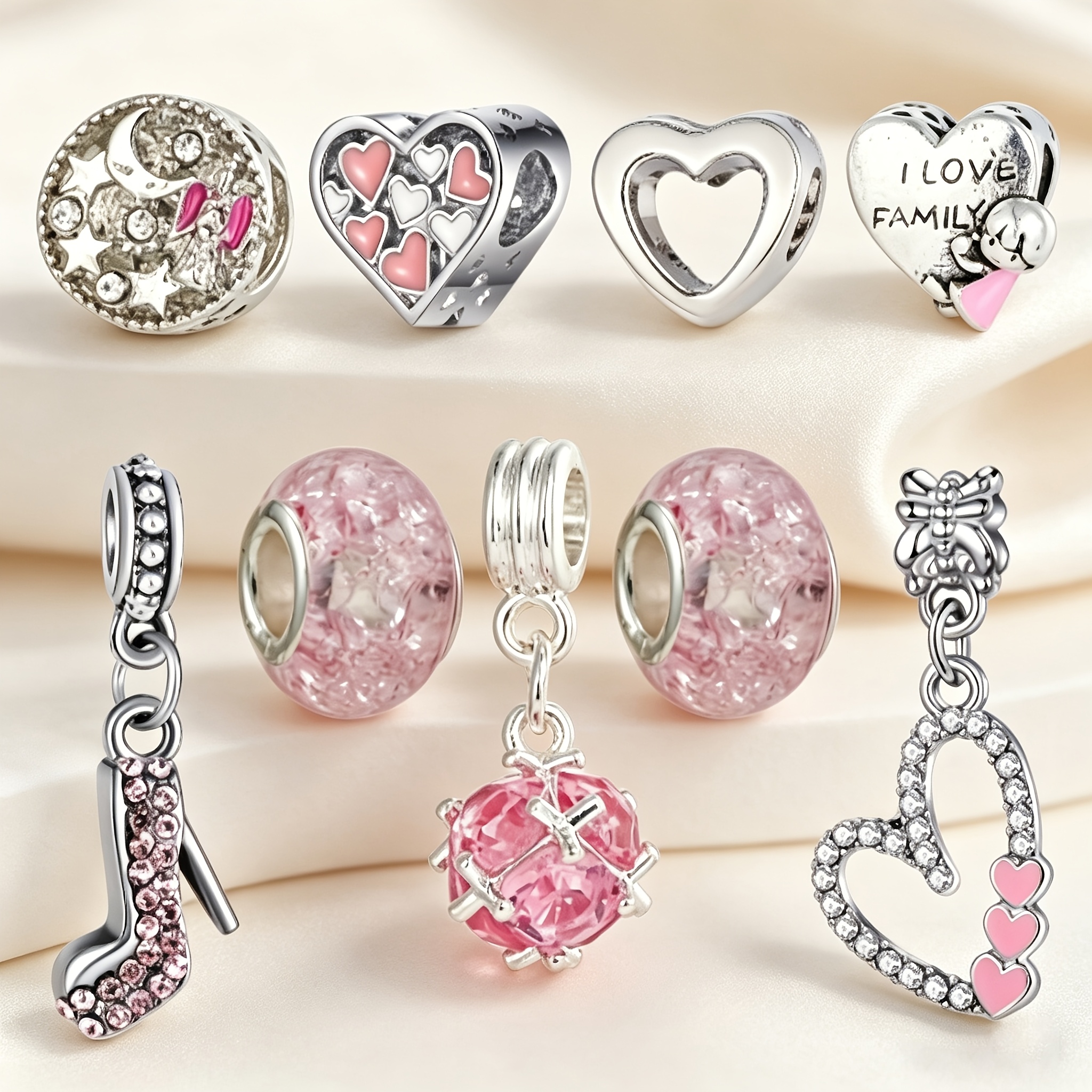 TEMU 9pcs Fashionable And Charming Pink Pendant, Inlaid With High Heels/heart Pendant, Used To Make Diy Necklaces, Bracelets And Other Jewelry,