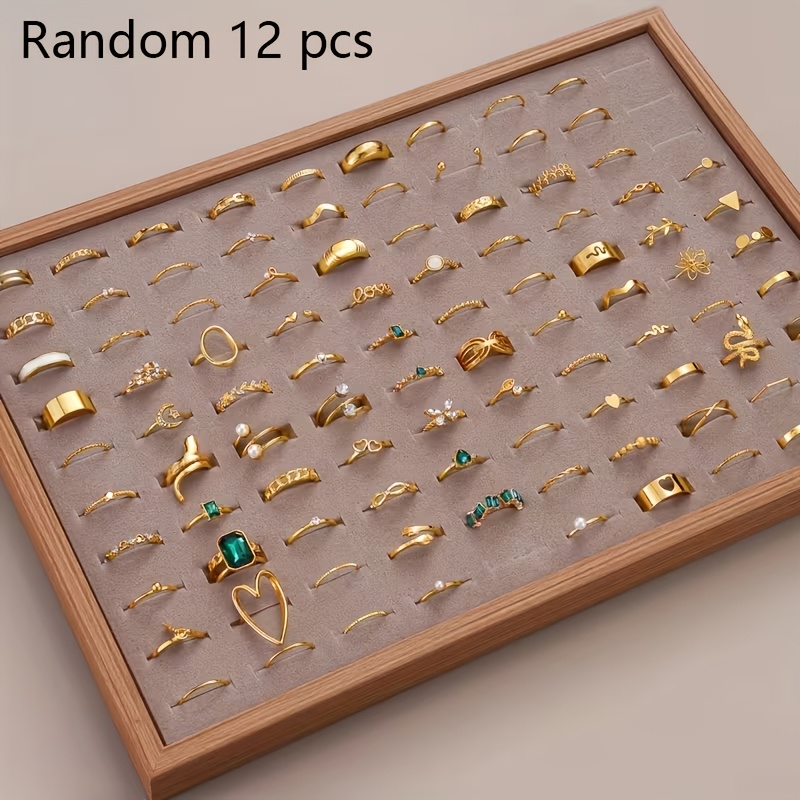 TEMU Ensemble Aléatoire de 12 Pièces : Bagues Vintage en Cristal Artificiel Luxe Léger avec Papillons, Fleurs, Étoiles et Lune, Accessoires pour