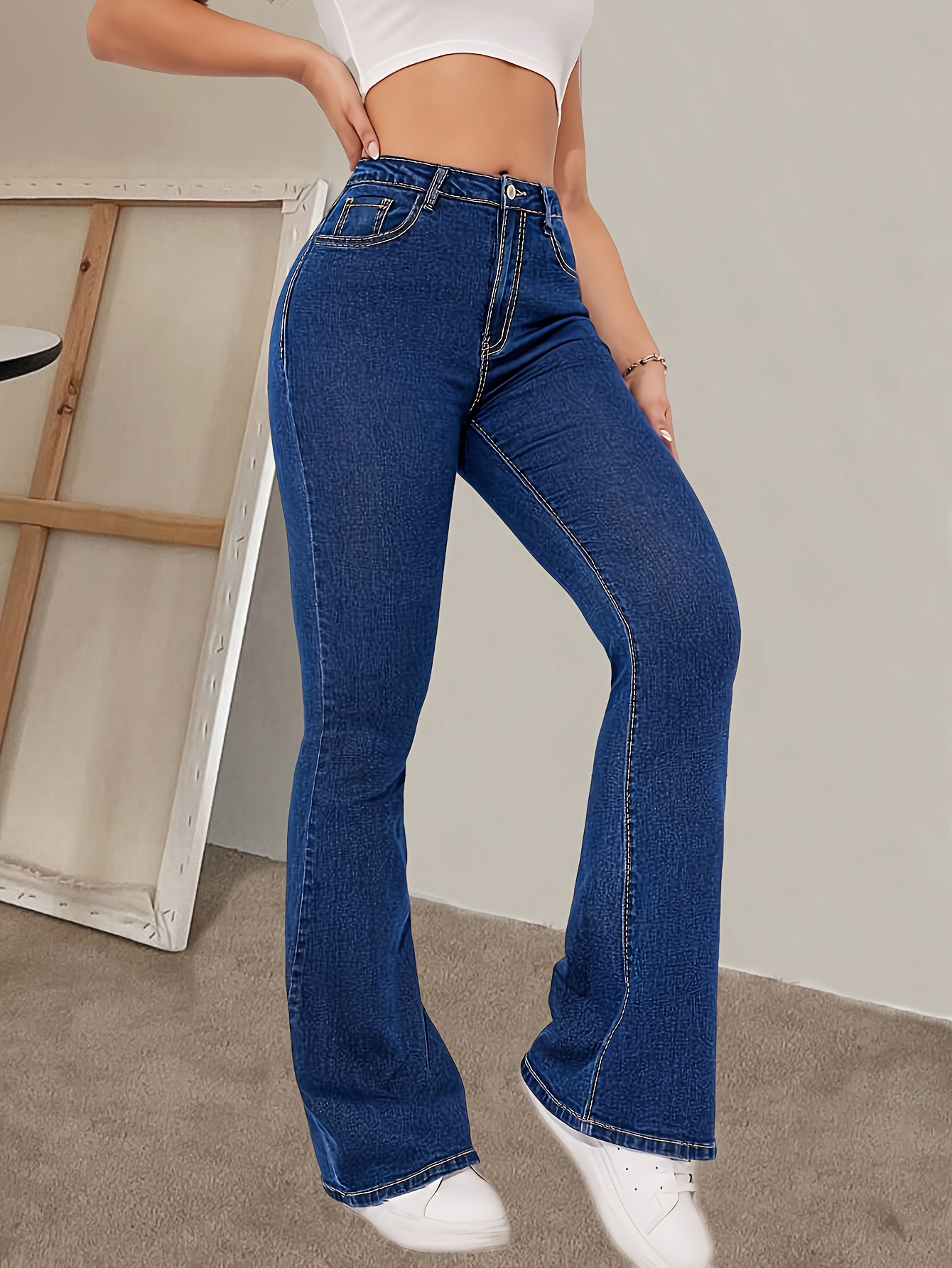 Blue High Stretch Flare Jeans Slim Fit Slant Pockets - Temu