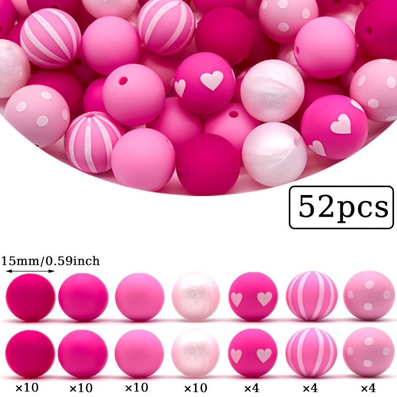 TEMU 30/52pz Perline in silicone, Serie San, Rosa stampato a forma di cuore con perline distanziatrici sciolte viola-, Adatte per di gioielli a ,