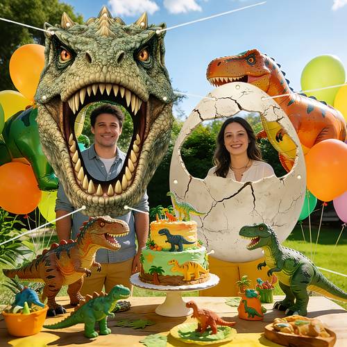 large dinosaur themed party decorations including 1 dinosaur egg and 1 dinosaur head photo frame banner dinosaur party photo props dinosaur birthday party decorations made of spring party decoration materials