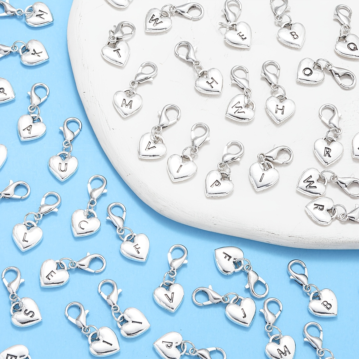 30pcs Silvery A-Z Letter Heart-Shaped Alloy Pendants for DIY Crafting