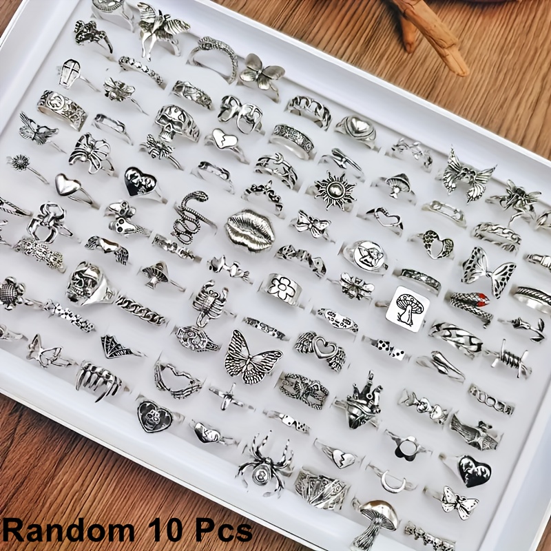 TEMU Random 10/17pcs Halloween Gothic Scary Skull And Spider Ring Set For Women, Unique Party And Holiday Celebration Additions (without Box)