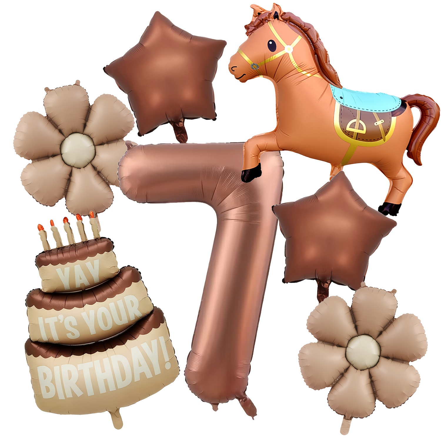 Image of 7pcs Brown Horse Birthday Cake Flower Chocolate Number 1-9 Balloon Set, Suitable For Birthday, Shower Baptism, Anniversary, Ceremony, And Other Decorations, For Halloween, Christmas