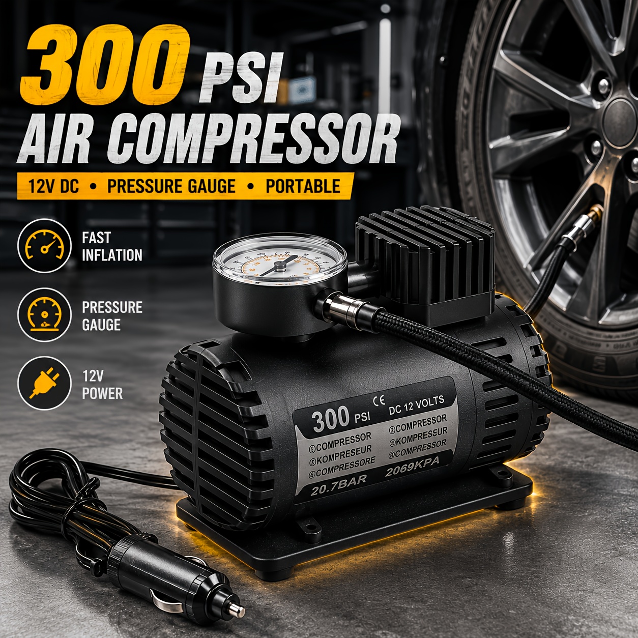 TEMU 12v Portable Air Compressor, 300 Psi Tire Inflator With Pressure Gauge, Car Powered Electric Pump With Multi Nozzle Kit, Compact Inflatable Pump
