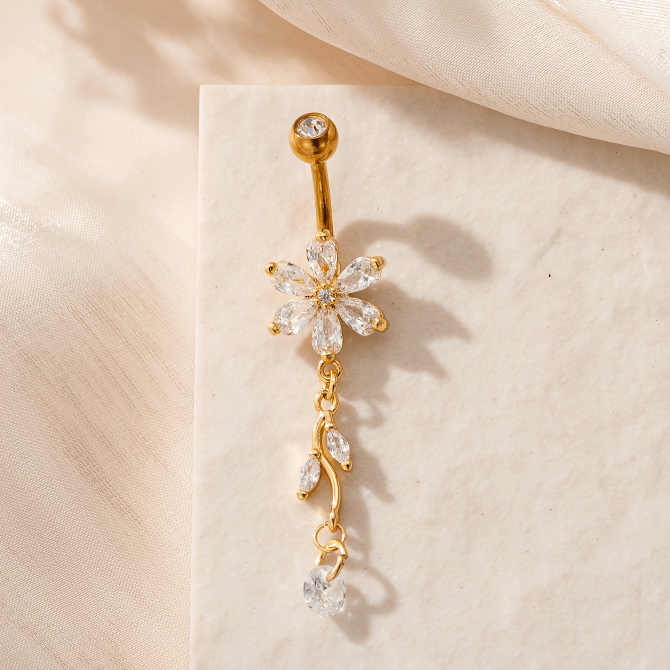 TEMU 1pc Fashionable Women's Pierced Belly Ring, Exquisite Sexy Synthetic Zirconia Inlaid Flower Leaf Pendant Long Belly Stud, Women's Banquet Party