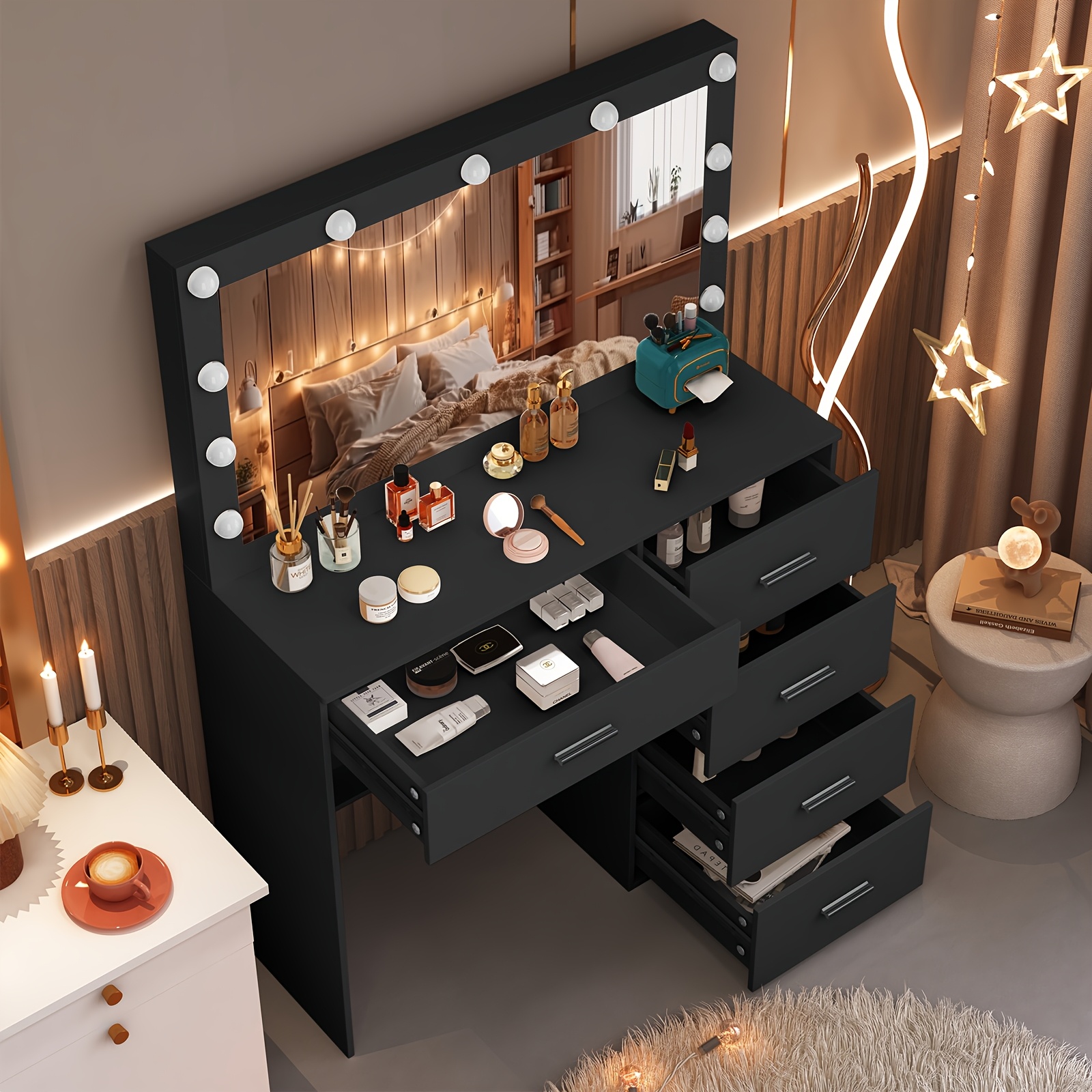     black dresser with large 11 led led bulbs adjustable pattern usb powered scandinavian   hardwood vanity organizer 3 2 cu ft storage 27   assembly dresser vanity desk modern aesthetic wood grain texture Product details 3