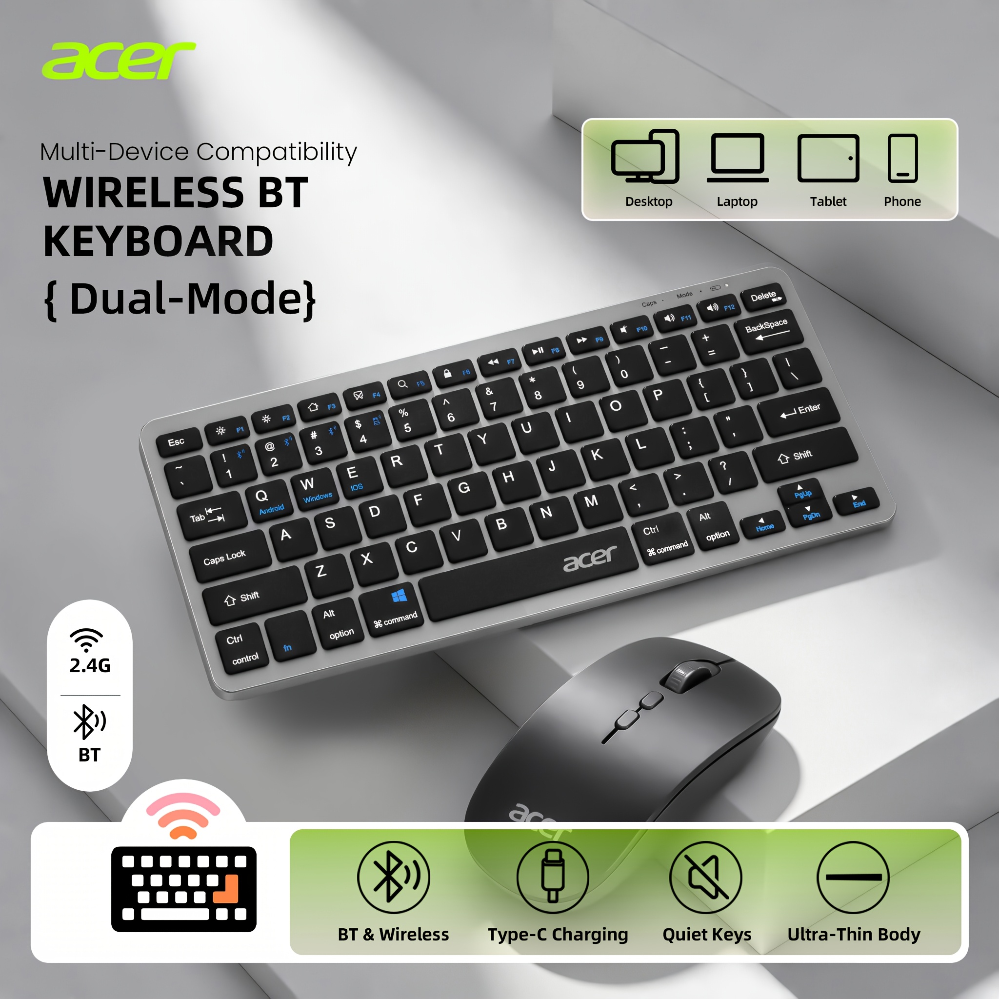 Image of Acer 78-key 2.4g & Bluetooth Wireless Slim Portable Keyboard And Mouse Combo For Office Use, Built-in Rechargeable Battery, Compatible With Desktop Pc Laptop Surface Smart Tv, Supports Windows 10/8/7
