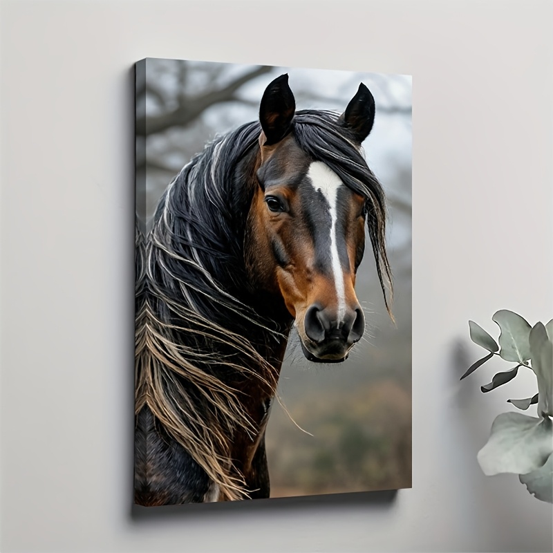 TEMU 2d Flat, 1pc Wall - Solid Wood Frame Suitable For Living Room Decor, Horse Portrait Poster, Wood Framed Canvas Horse Picture For Modern