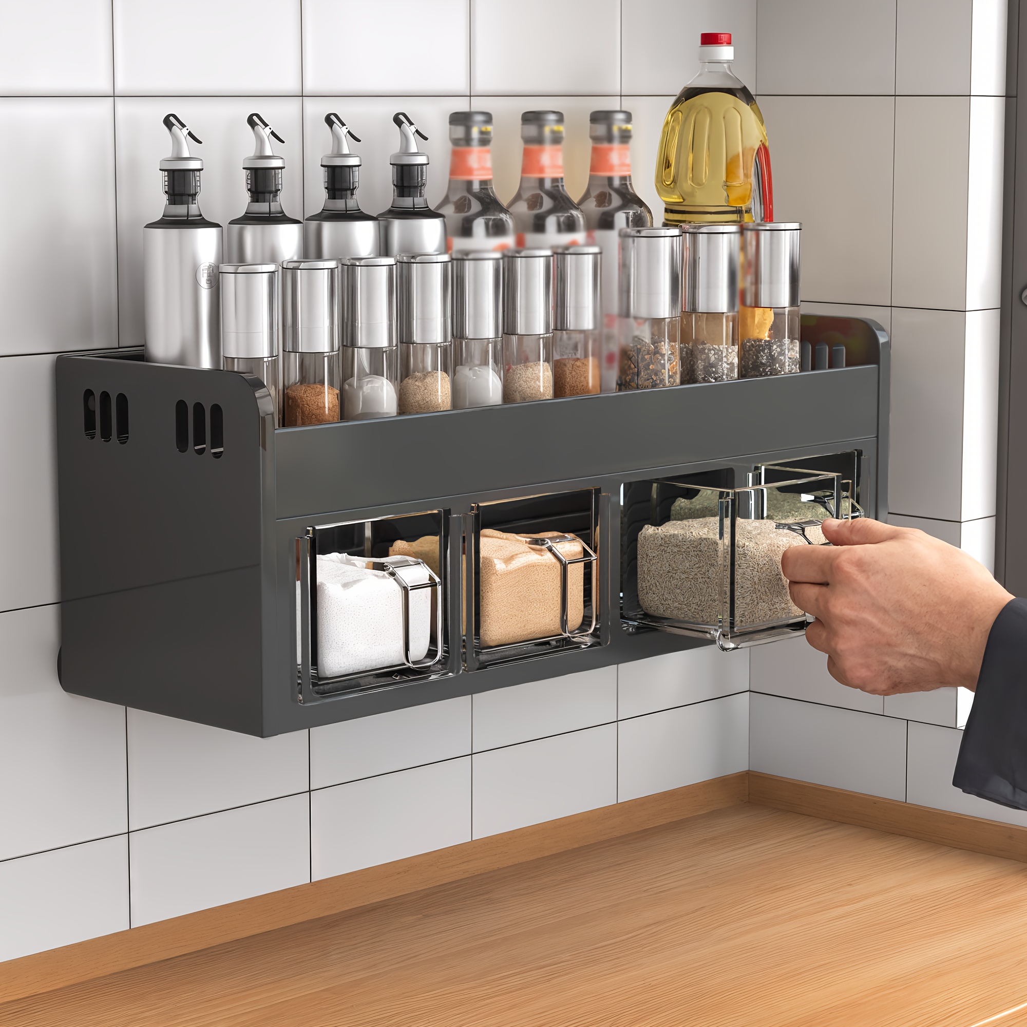 E-shop Multifunktionaler Wandmontierter Gewürzbehälter, Bohrfreie Aufbewahrung für Gewürze, Metall-Gewürzregal und Spender, Küchenorganizer in Schwarz,