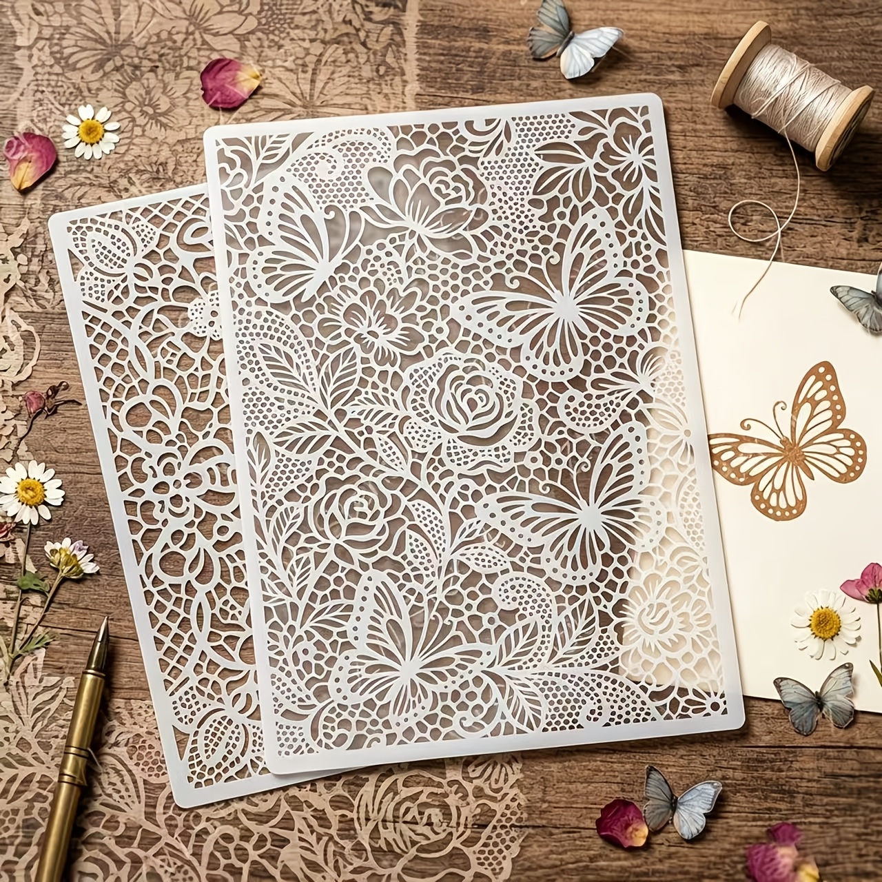 TEMU 2pcs Reusable A4 Lace Stencils Suitable For Diy Painting, Scrapbooking, Fabric Stamping - With Delicate & Flower Templates, Intricate Lace