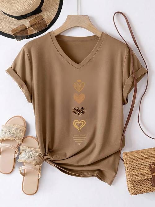 womens v neck short sleeve t shirt with heart summer blouse line regular fit spring summer everyday washable non short sleeve pullover shirt for layering wear