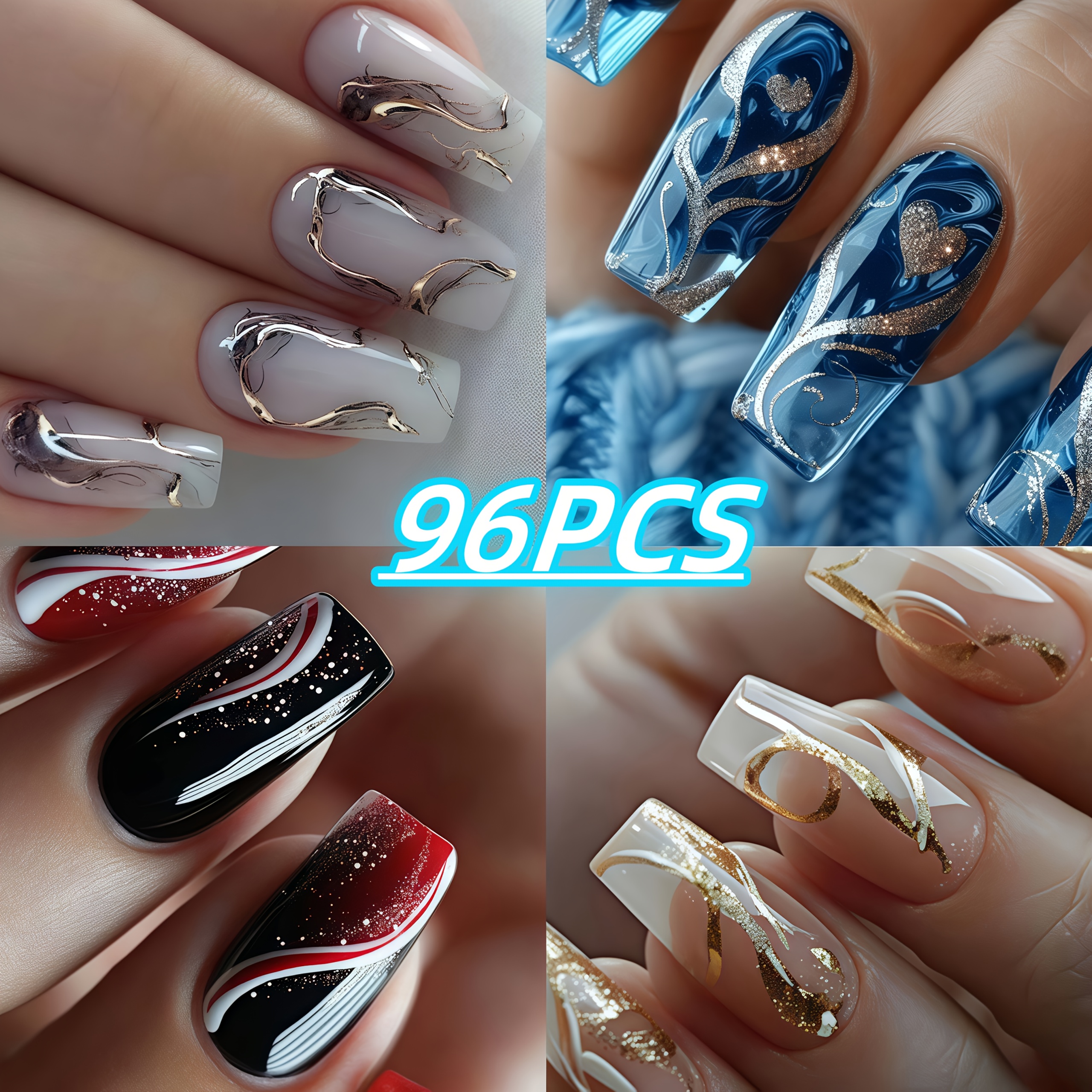 E-shop 96-teiliges Nageldesign-Set im neuen Stil, abnehmbar, gleiches Design in verschiedenen Farben, minimalistisch, glänzendes Goldlinien-Design,