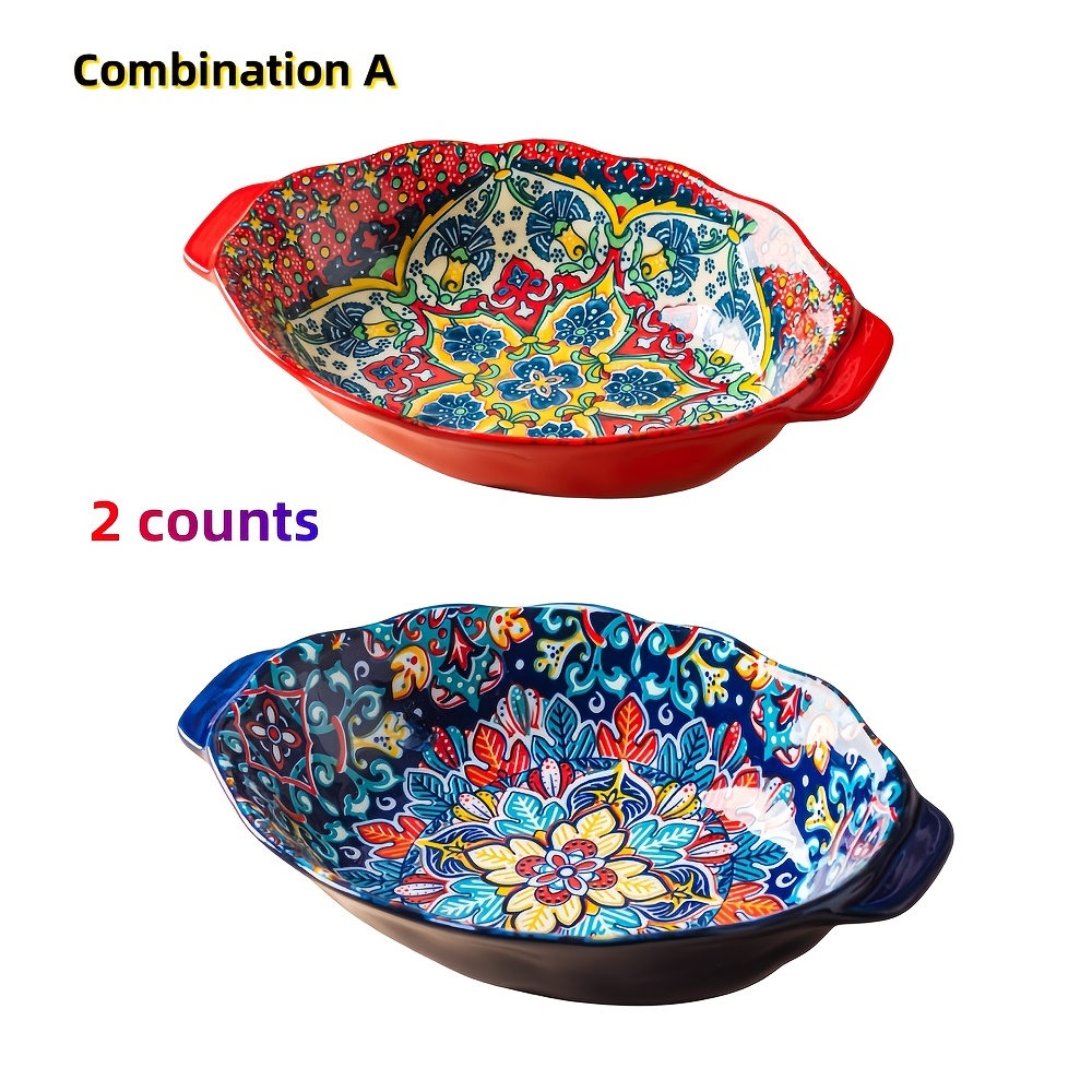 1 Set Of 2pcs, 9.3 Inch Bohemian Style Ceramic Salad Deep Plate, Serving Plate Salad Bowl