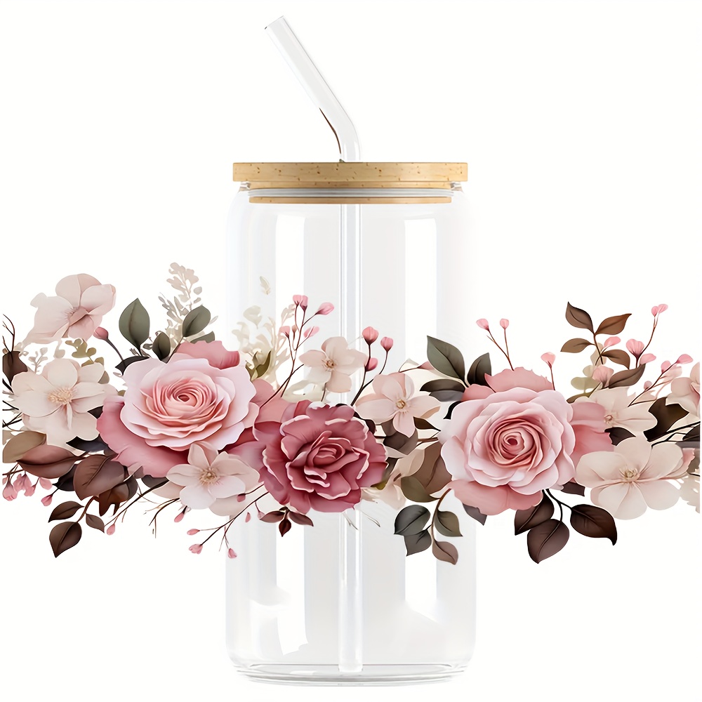 Image of 1pc/4pcs/set Beautiful Flowers Uv Dtf Transfer Sticker Glass Cups Wrap Transfer Sticker For 16oz Glass Cup Sticker Bottle Sticker Adhesive Sticker