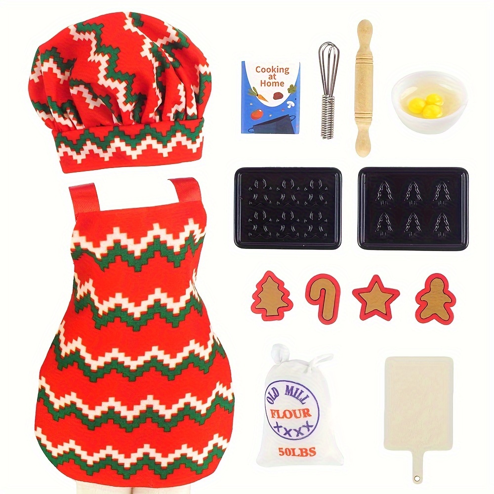 

Christmas Elf Baking - Miniature Kitchen Prop With Apron, , Cookie Cutters, Rolling Pin, Whisk, Flour Bag, Baking Pans - Festive Holiday Decoration For General Home Use