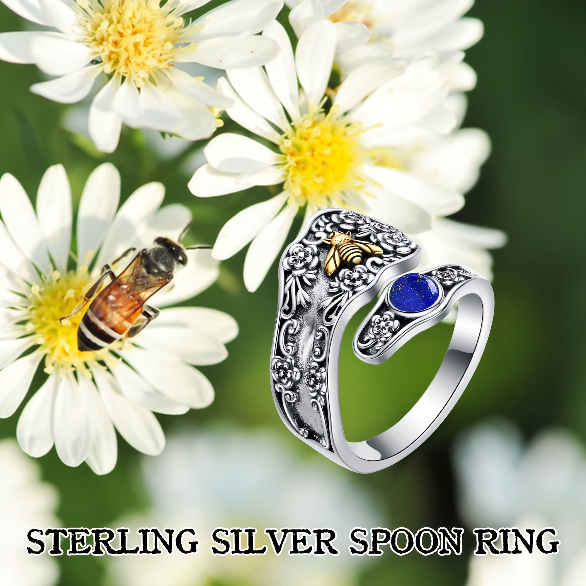 925 Silver Lapis Lazuli Ring Adjustable Spoon Rings for Women