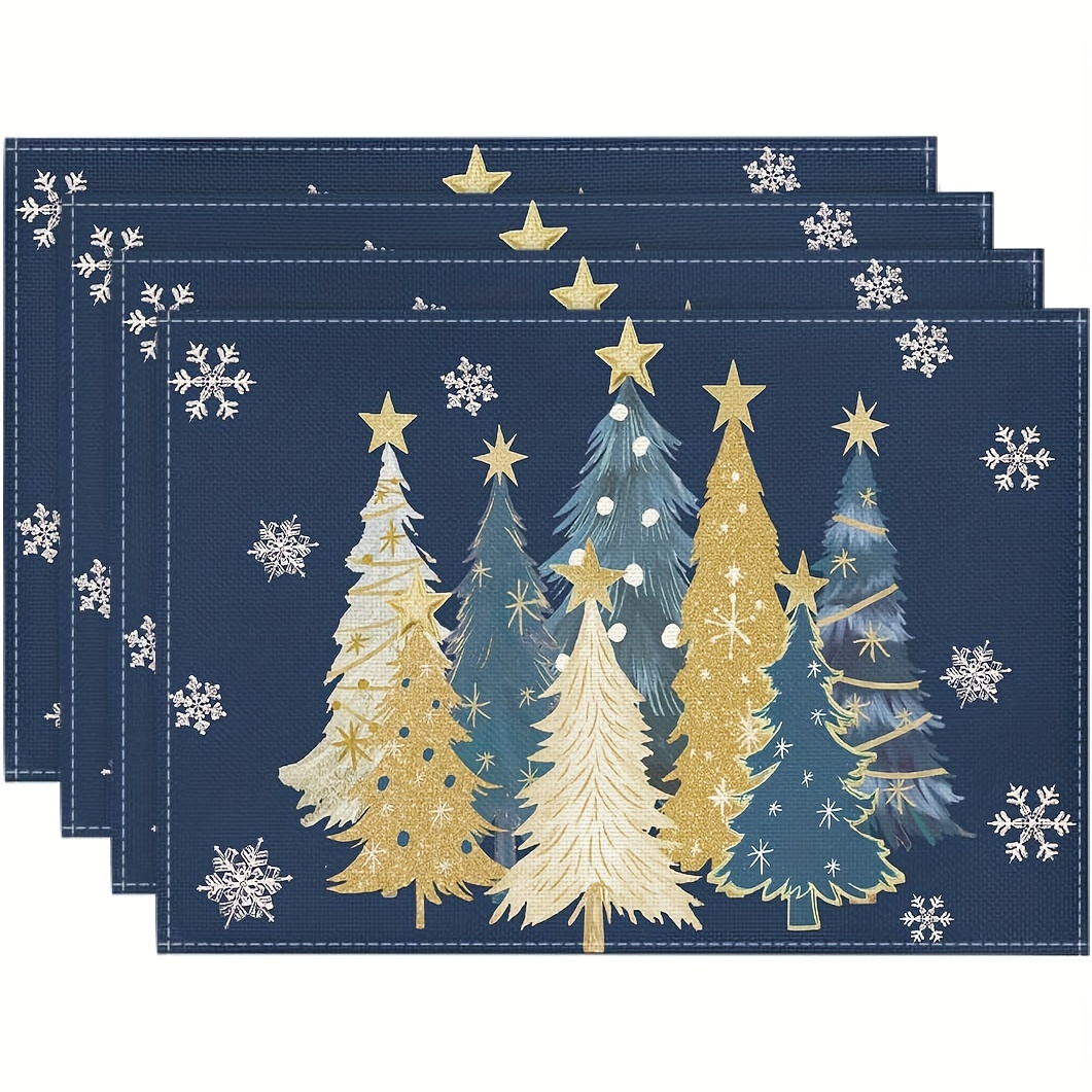 

4pcs, Trees Snowflakes Winter Placemats Set Of 4, 12x18 Inch Seasonal Blue Christmas Table Mats For Party Kitchen Dining Decoration