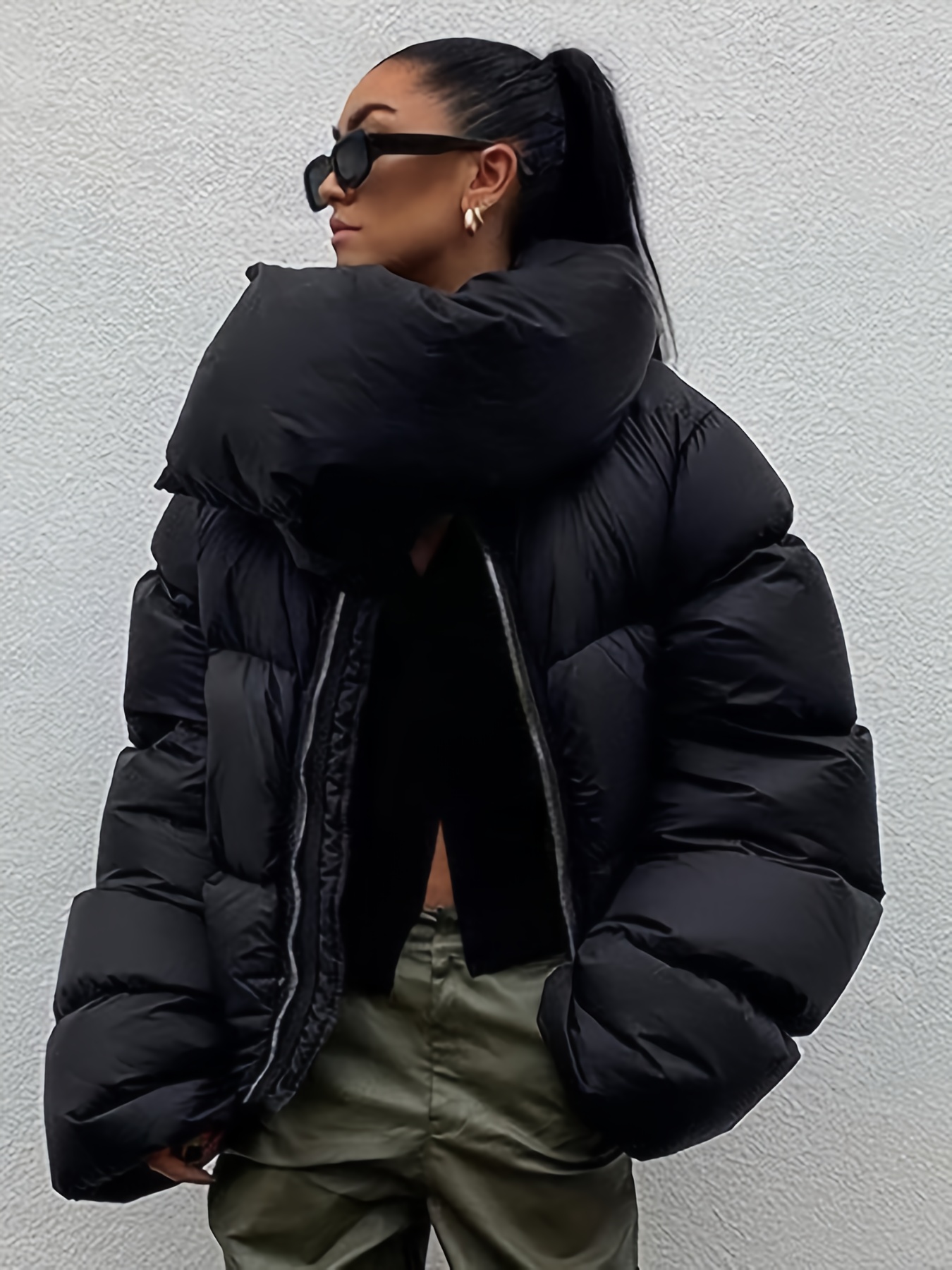 womens elegant winter puffer jacket with detachable hooded collar short   coat quilted waist short length non stretch outerwear for cold weather black hand washable jacket for dresses skirts layering black 1