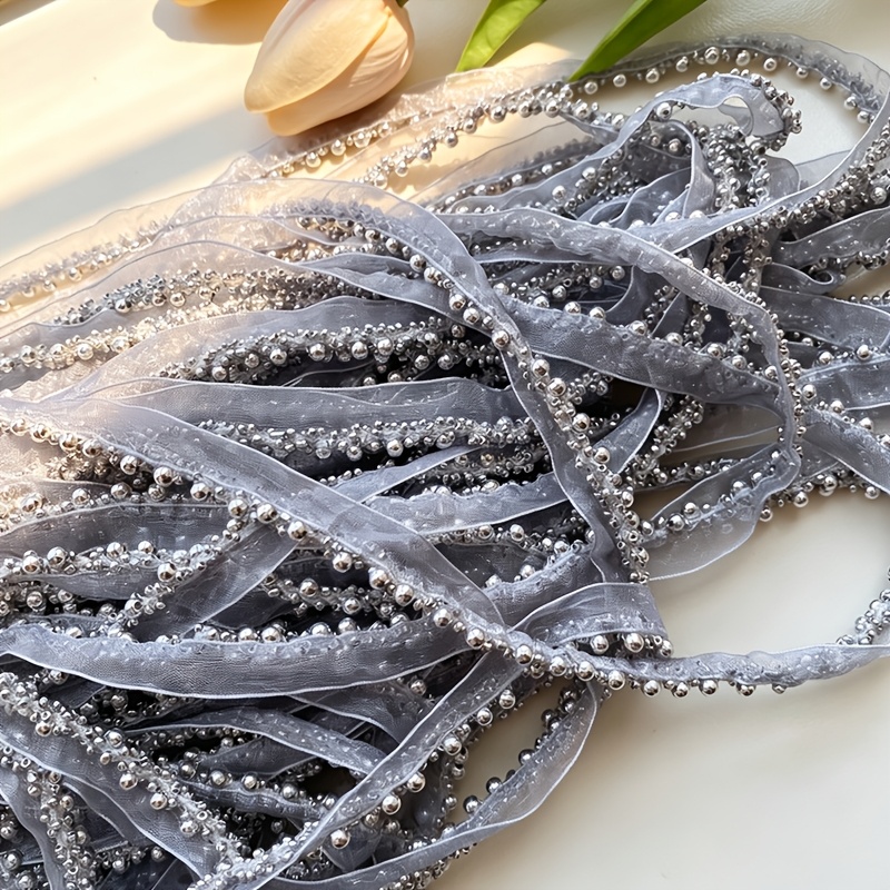 TEMU New Silvery Irregular Pearl-embellished Webbing Ribbon, Featuring Densely Pearls Of Sizes. Suitable For Garment Sewing, Clothing Edging, Collar