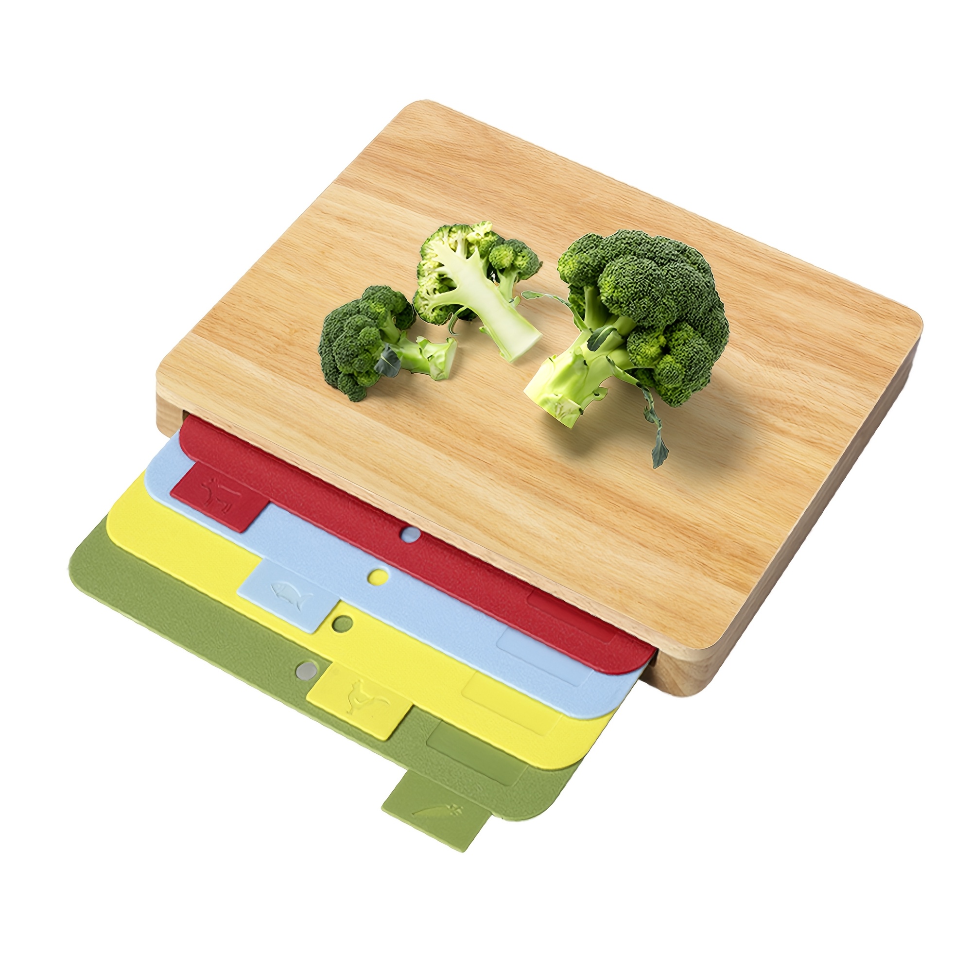 

5pcs Color- Bamboo Cutting Board Set With 4 Flexible Plastic Boards - Easy To Clean, Food-safe Kitchen Chopping Mats With Food Icon Guide