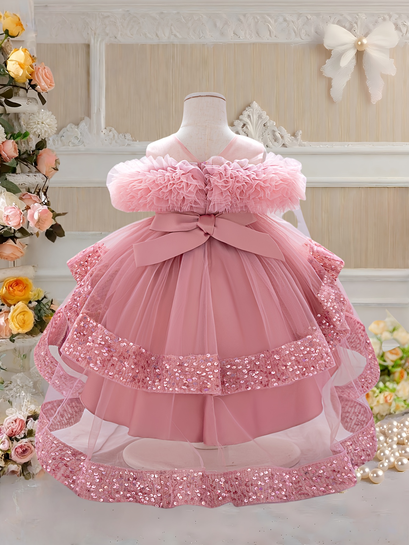 measuring front skirt girls pink sequin dress with multi layered ruffles and flower fairy Product details 0