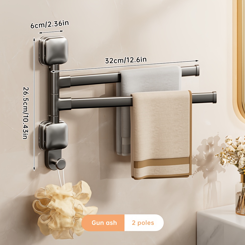 Musurjoy Towel Rack With Suction Cup, No-drill Wall-mounted Bathroom Organizer, Space- Hanging Storage Shelf With Hooks For Pants, Rotating, Storage Box