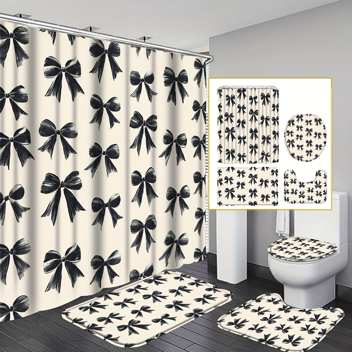 TEMU 4pcs Black Bow Shower Curtain Bathroom Sets Full Set, Bownot Fashion Sweet Cute Shower With 12 Hooks, Machine Washable, Non-slip Bathroom Rug,