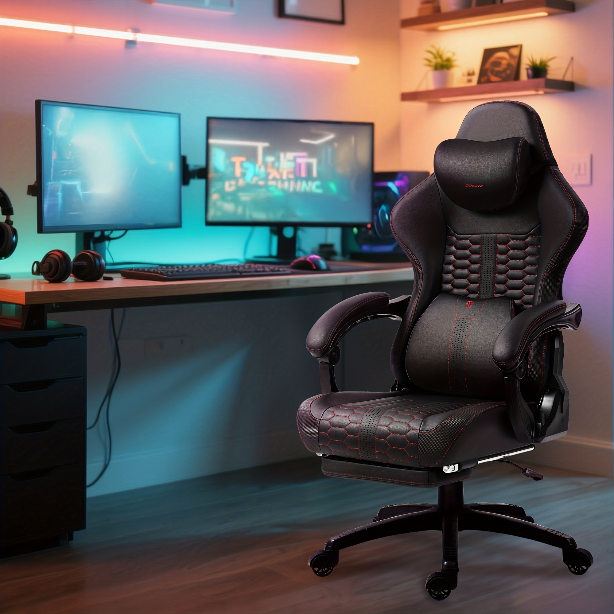 Gamingstoel in race-stijl met lendensteun en een gewichtscapaciteit van 181,44 kg - Ergonomische bureaustoel met hoge rugleuning, verstelbare voetensteun en 360° draaibare computerstoel, gemaakt van premium zwart voor ultiem gaming-/werkcomfort