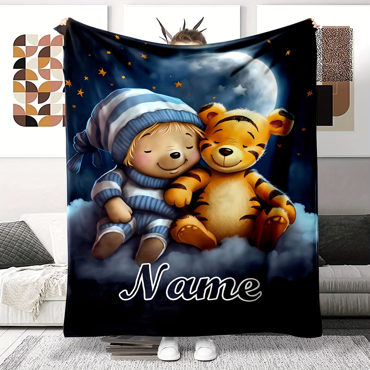 

1pc Personalized '' Bear & Tiger Custom Name Blanket - Soft, Warm Flannel Throw For Couch, Bed, Travel | Perfect Gift For Family & Friends