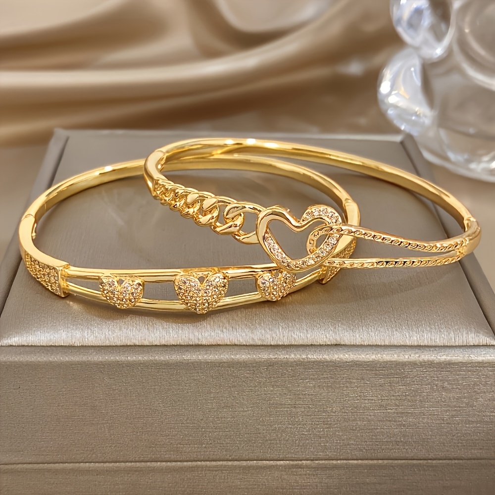 2pcs Romantic Hollow-Out Heart Bangle Set, Exquisite Design