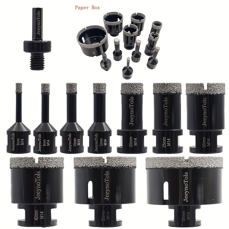 11pcs Daily Household Diamond Drill Bits Set, , 6/8/10/12/20/25/35/40/55/68mm Drill Bits & Hex Shank Adapter, M14 Thread For Porcelain, Ceramic, Tile, Granite, Tile Core Driil Bit