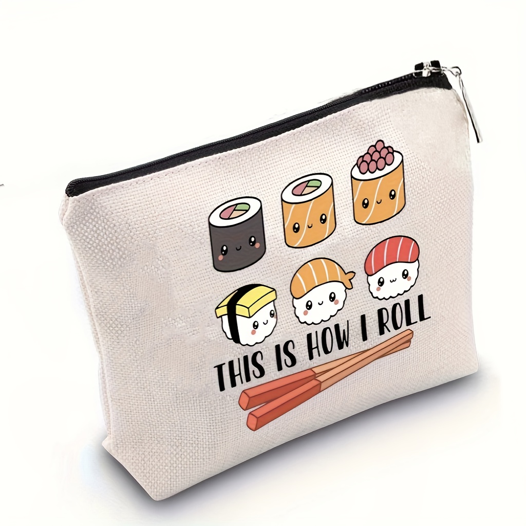 

Sushi : ' I Roll' Canvas Cosmetic Bag - Cute, Lightweight & Foldable With Zip Closure - Perfect Gift For Sushi Enthusiasts,