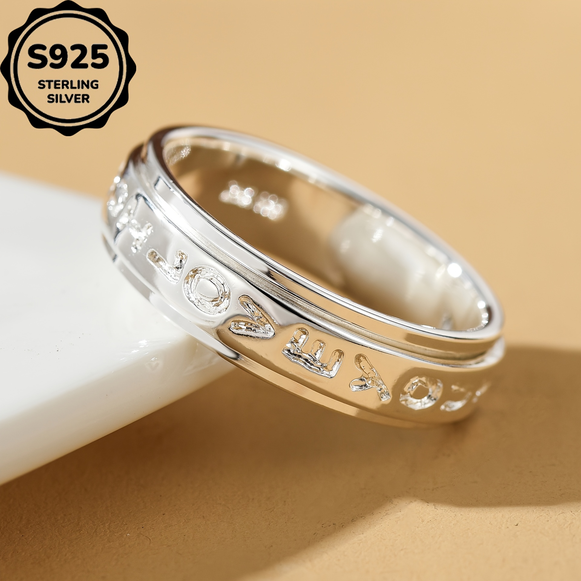 Image of 1pc S925 925 Silver Light Luxury Retro Hollow Letter "love" Engraved Men And Women Decompression Ring Gift Us Size 7.5-12.5 Optional High-quality Jewelry Casual Party Wear S