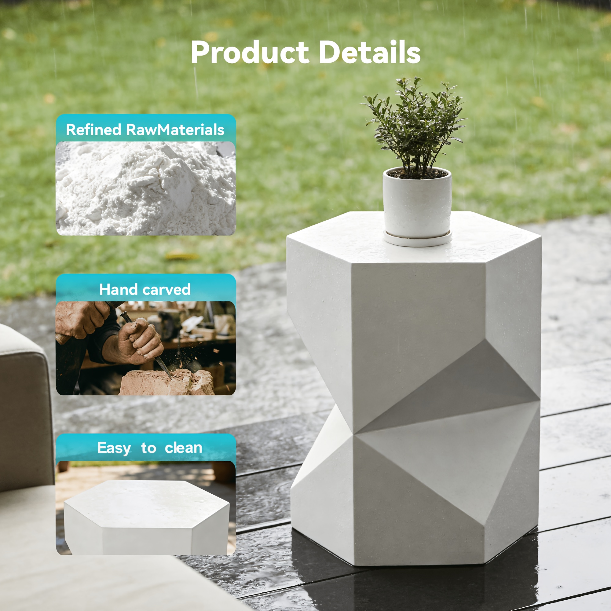 17.9” Modern Polygonal Magnesium Oxide Side Table - Space-Saving /Outdoor Accent Table with Polished Cement Top & Magnesium Frame, Suitable for Living Room, Bedroom, Balcony - White/Black/Grey Geometric End Table or Plant Stand