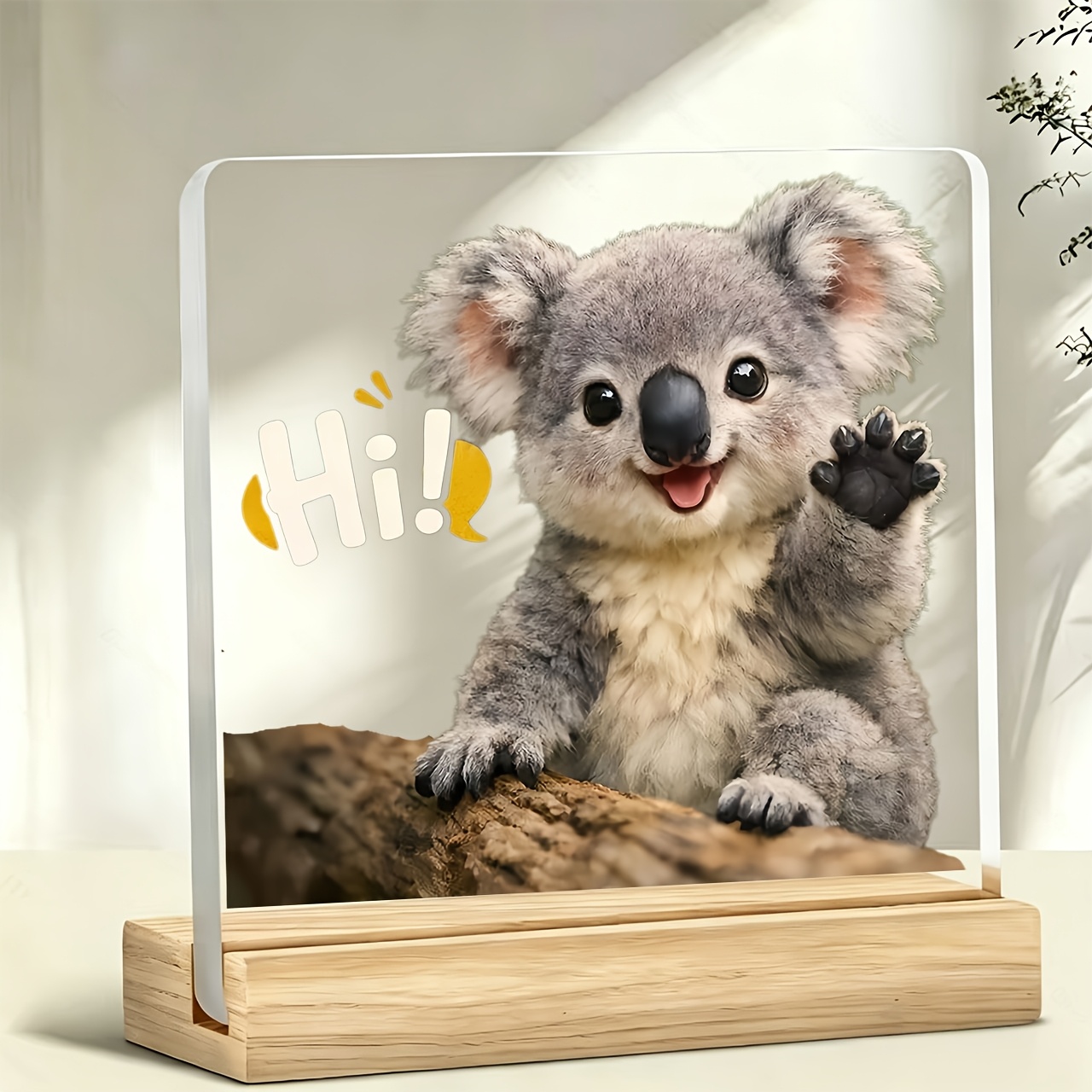TEMU 1pc Cute Waving Koala Hi! Acrylic Decorations, Inspirational Quotes, Messages, Acrylic Ornaments, Home Decor, With Wooden Bases, Paperweights,