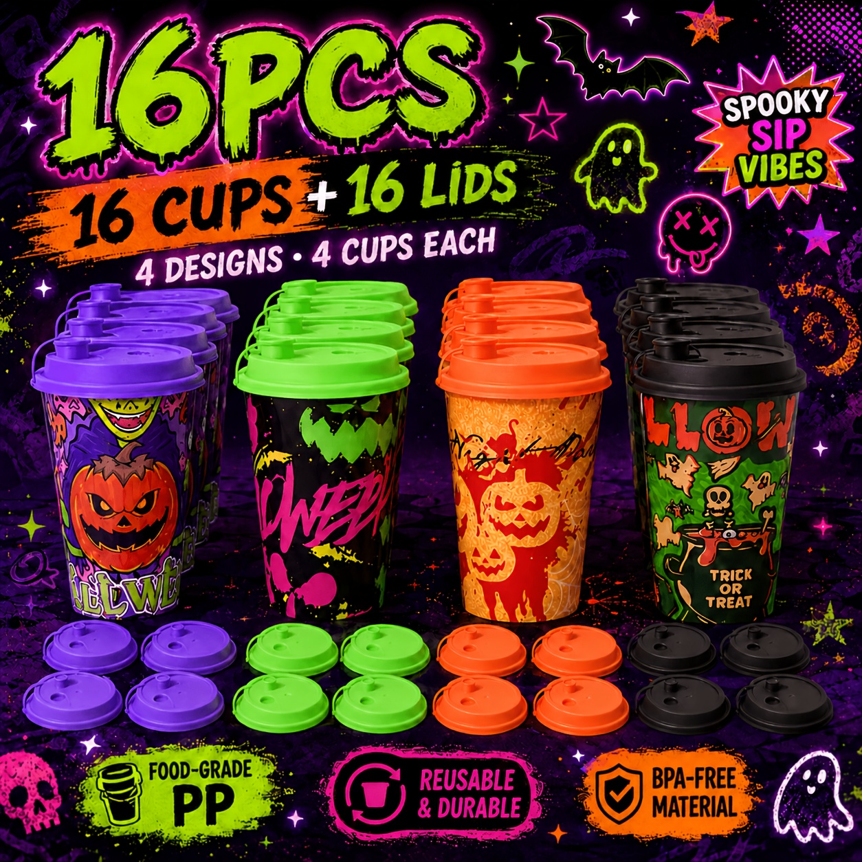 TEMU 16 Pack 4 Color Lid Halloween Cups- 17oz Assorted Spooky Set, Fun Trick Or Party Supplies Festive Celebrations Halloween, Christmas