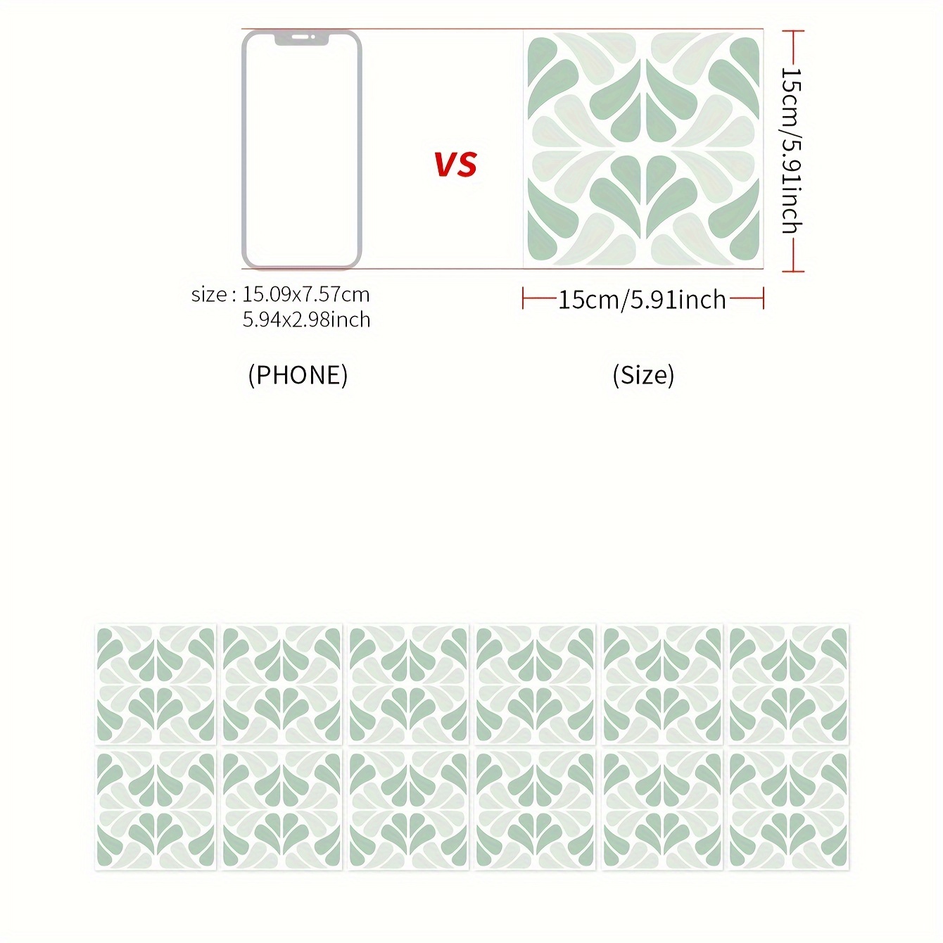 Image of 24pcs Green Floral Tile Decals - Waterproof, Removable Vinyl Wall Stickers For Kitchen Backsplash, Bathroom, Furniture & Stairs - 6x6" & 8x8