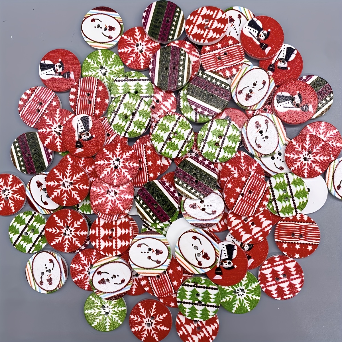 

50pcs Mixed Color Christmas Wooden Buttons - Retro Handcrafted Snowflake And Snowman Designs For Diy Crafts And Sewing Projects