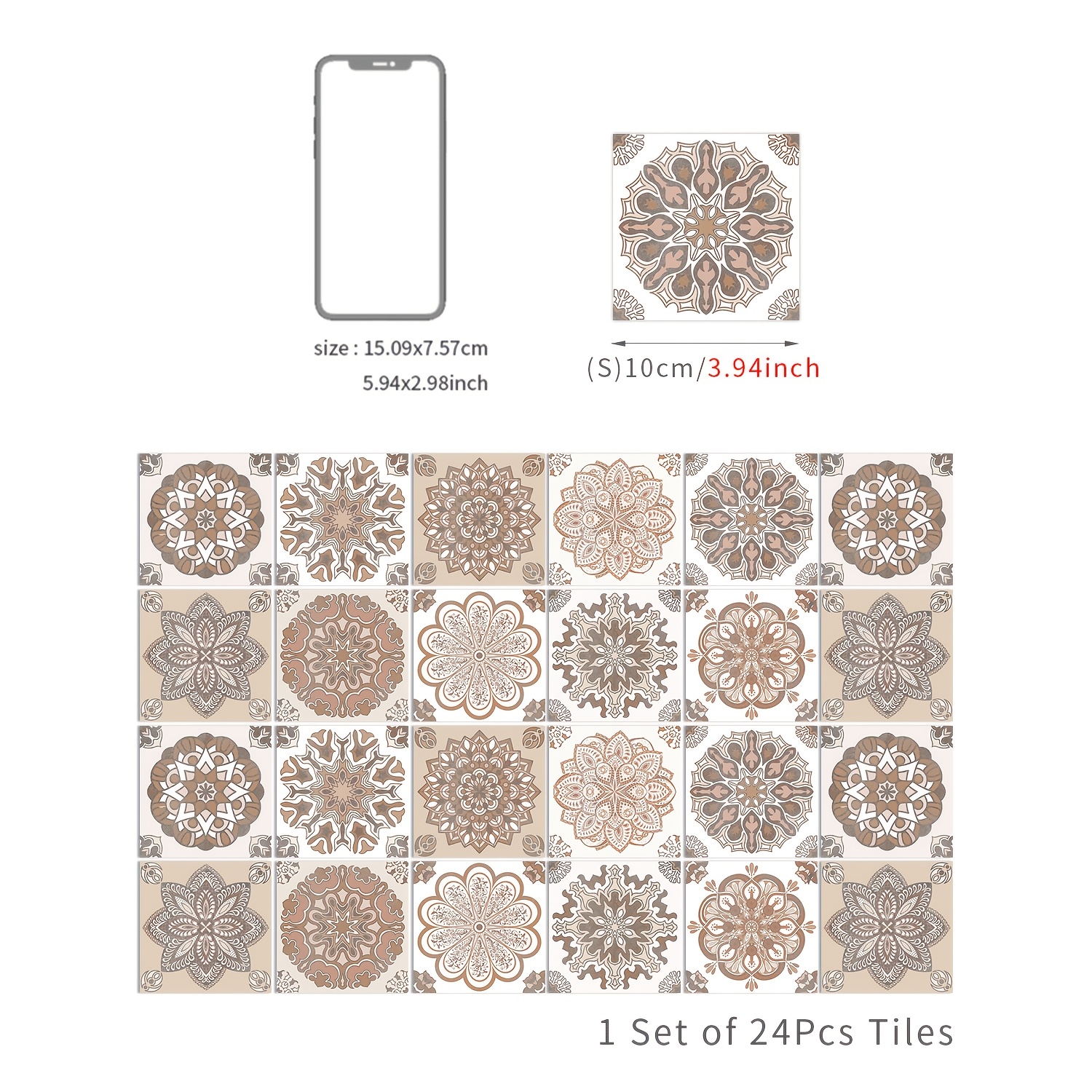 Image of 24pcs/set, Nordic Mandala Pattern Self-adhesive Tile Stickers, Waterproof And Moisture-proof, Decoration Wall Stickers For Restaurant, Kitchen, Bathroom Wall Renovation And Stairs