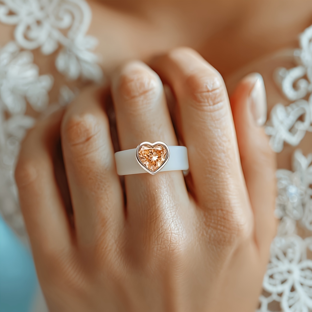 14K Gold Plated White Silicone Ring with Heart-Shaped CZ