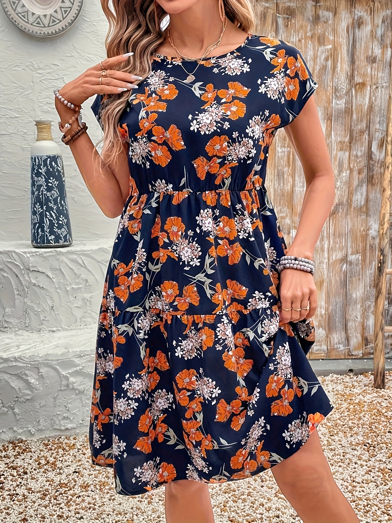 womens floral print a line dress casual crew neck short Temu