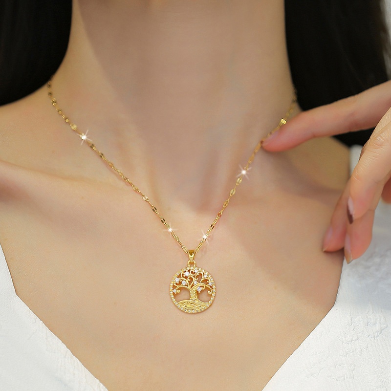 TEMU Un élégant ensemble en cuivre avec pendentif arbre du bonheur en - Design arbre à souhaits, chaîne clavicule en acier inoxydable de luxe léger,